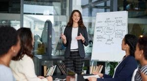 A marketing professional presents an integrated marketing plan in a boardroom.
