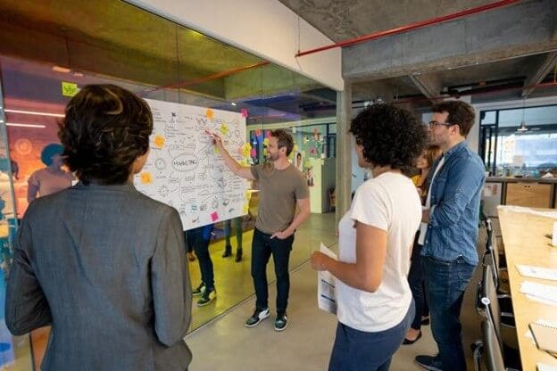 Employees gathered around a white board for a marketing presentation.